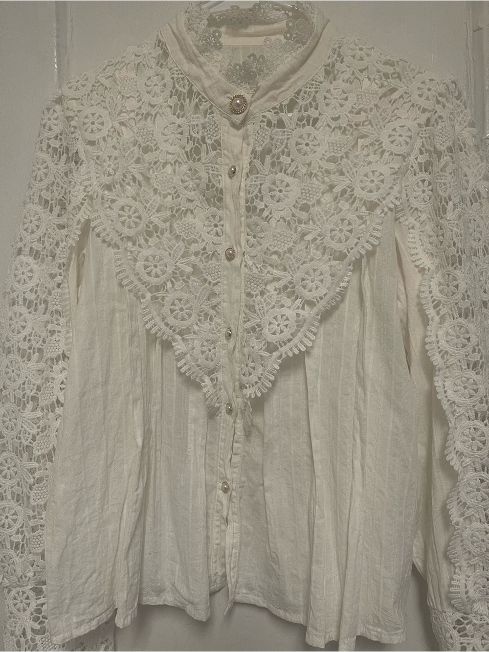 Women's Ivory Lace Crochet Button-Front Top - Picture 1 of 6